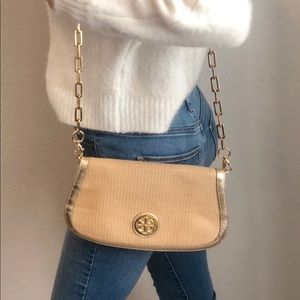 Tory Burch Gold Leather Trimmed Raffia Clutch